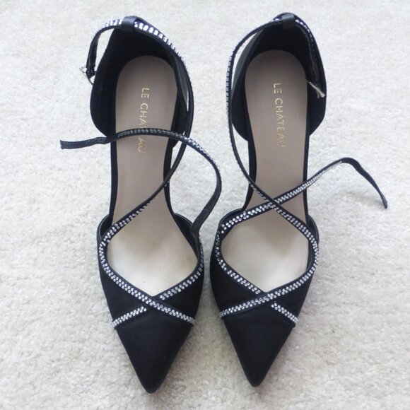 LE CHATEAU black satin pumps with skinny straps and clear rhinestones - Picture 2 of 11